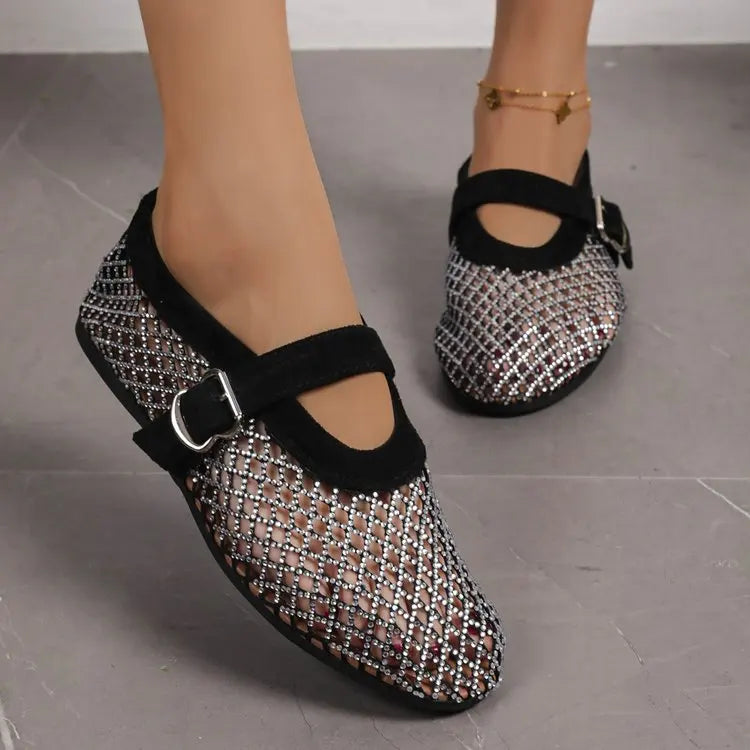 Women Fishnet Rhinestone Ballet Flats Hollow Strap Mary Jane Shoes 2026