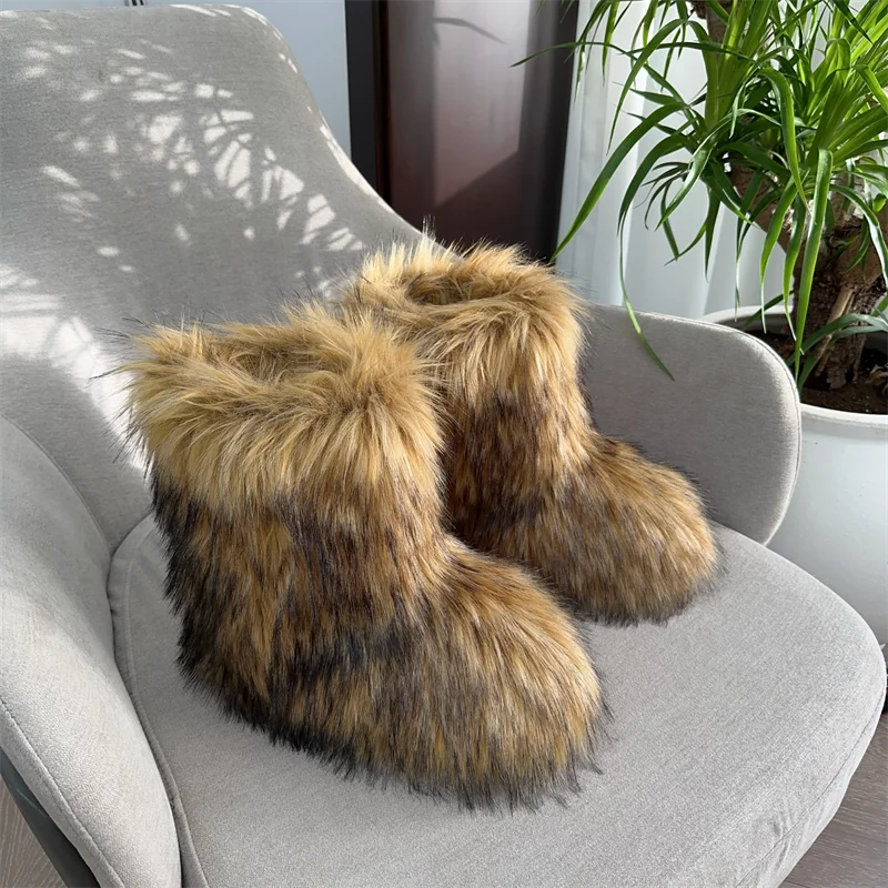 Women Fur Snow Boots Warm Mid Calf Winter Shoes