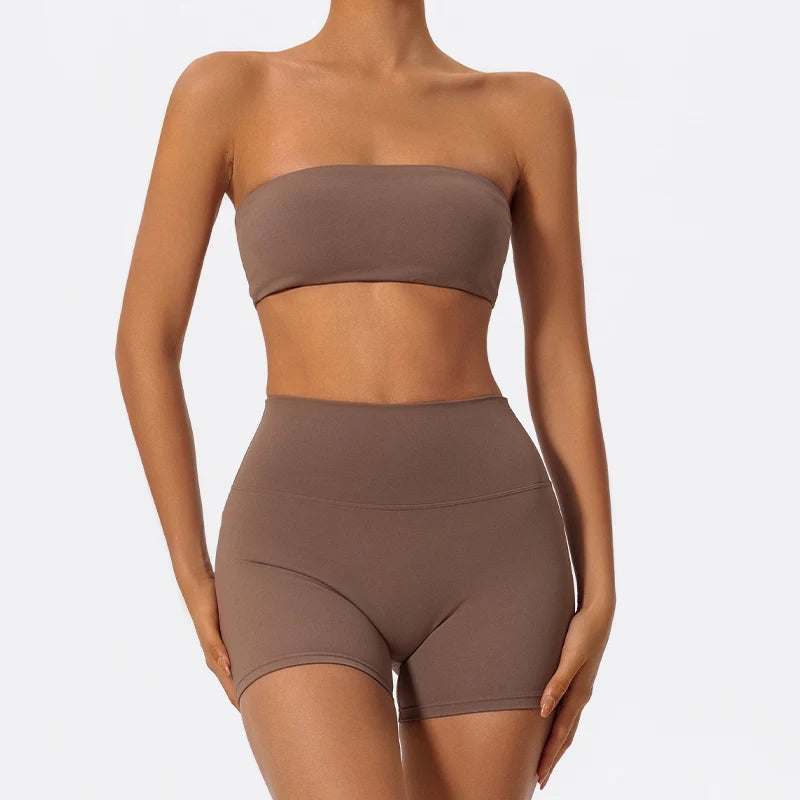 Strapless Gym Set Women Seamless Bandeau Sports Bra High Waist Shorts Workout Outfit