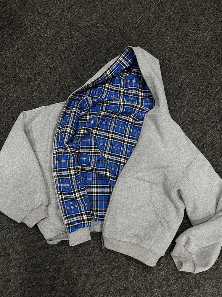 Women Plaid Zip Up Hoodie Double Sided Warm Hooded Sweatshirt