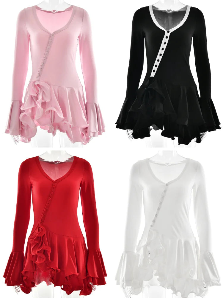 Women A Line Bodycon Mini Dress V Neck Long Sleeve Ruffle Hem Party Streetwear Dress