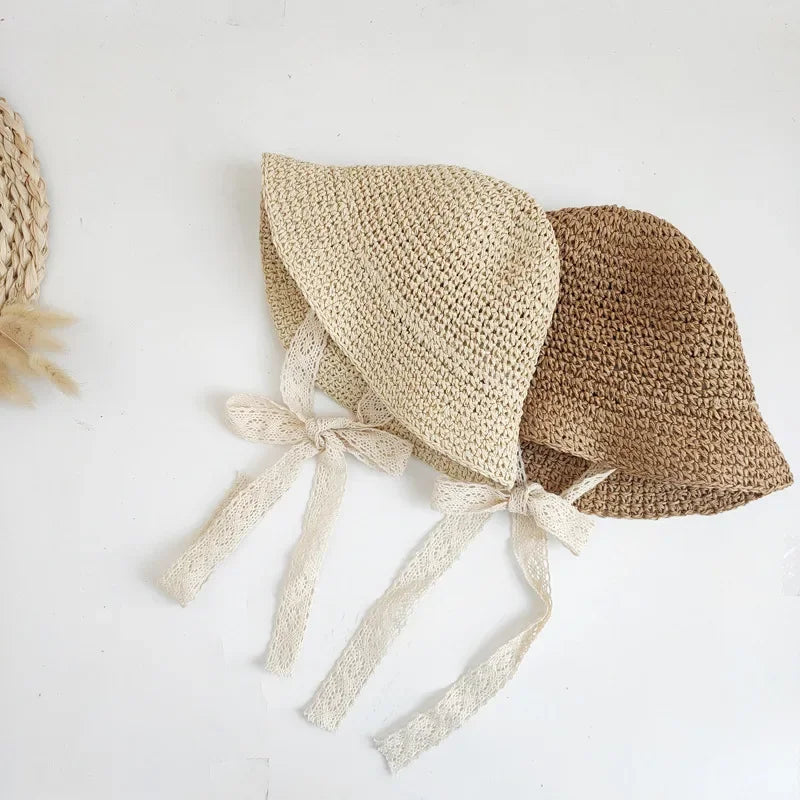 Kids Lace Straw Bow Summer Sun Hat Baby Girls Beach Panama Cap