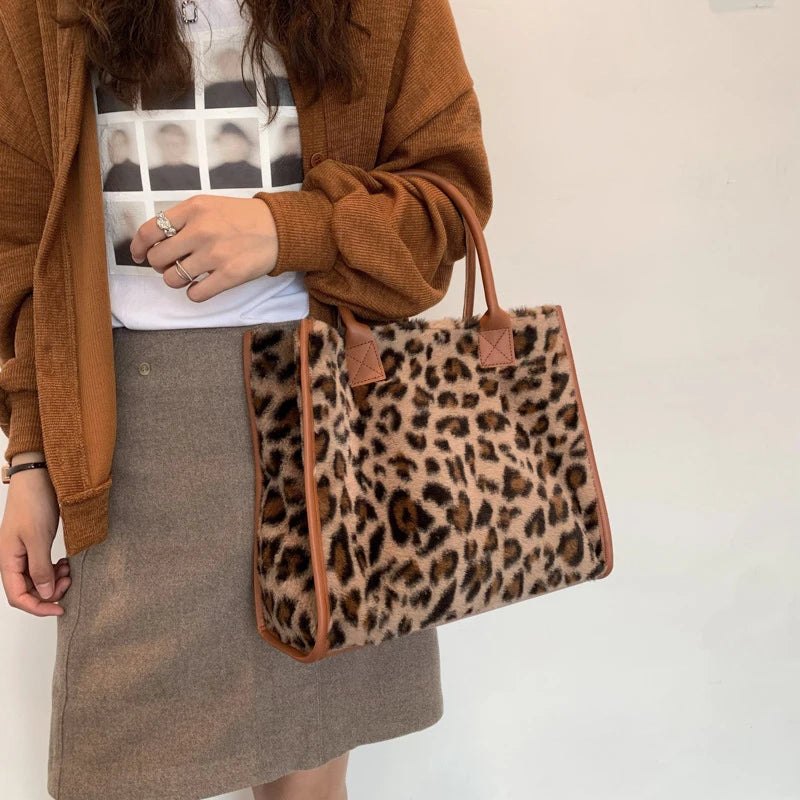 Leopard Faux Fur Tote Bag Soft Plush Shoulder Handbag