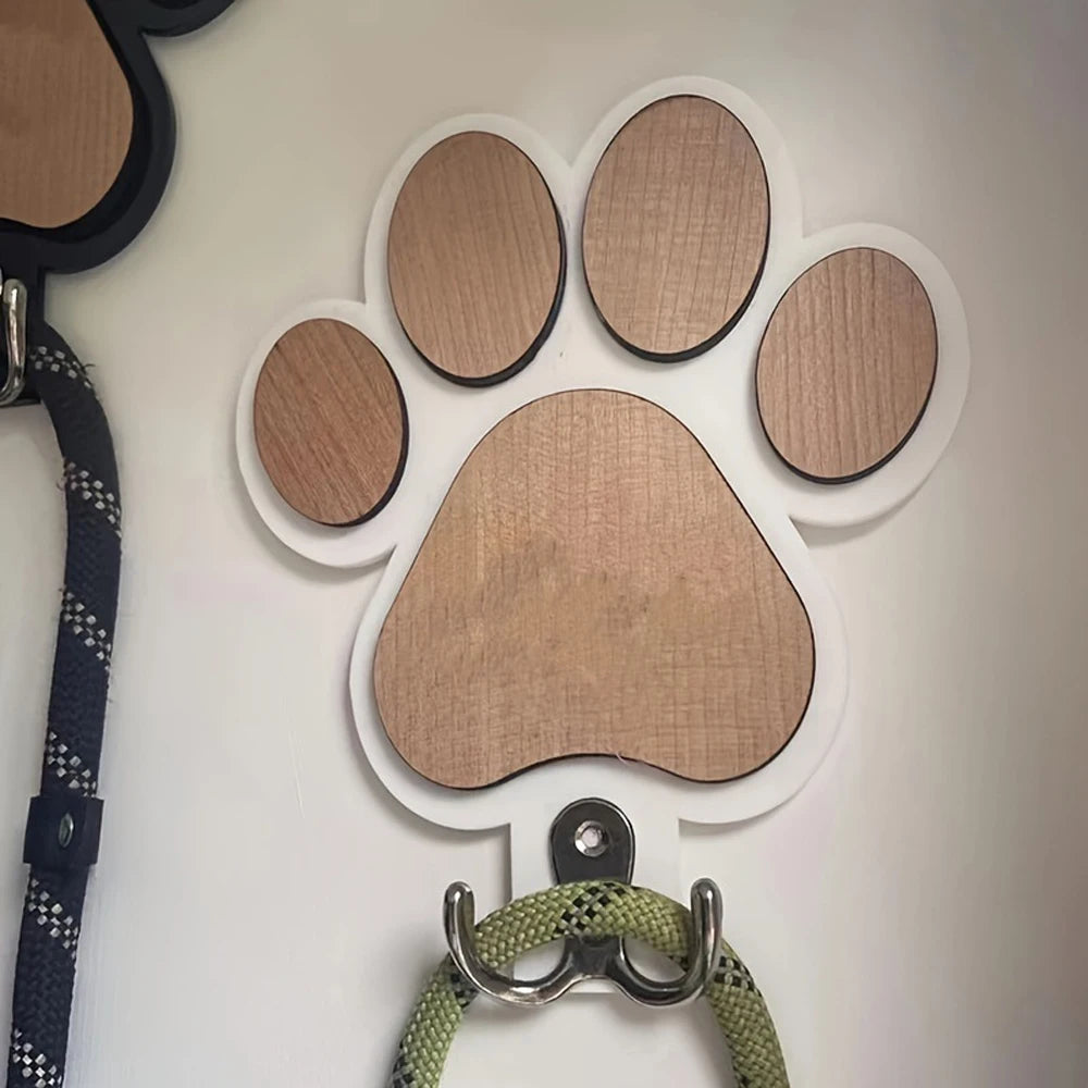 Wooden Dog Leash Holder Paw Print Wall Hook for Collars Coats Organizer