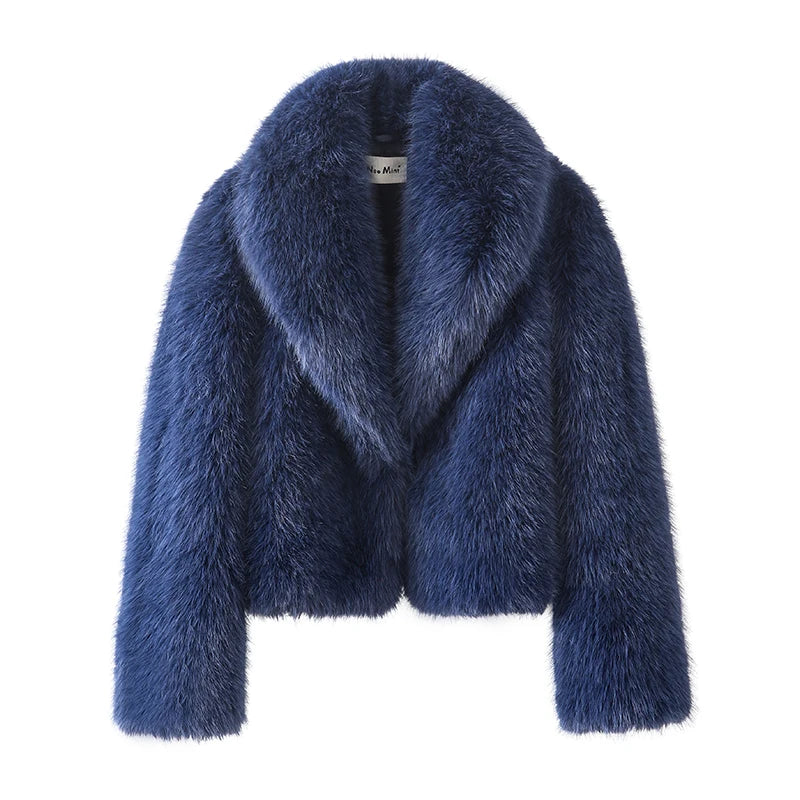 Women Faux Fur Short Coat Shawl Collar Winter Street Fashion Chic Overcoat