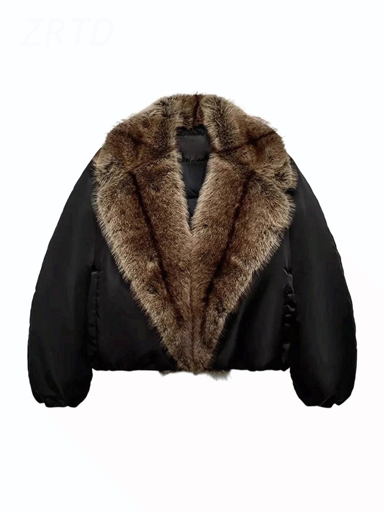 Women Faux Fur Patchwork Cropped Jacket Loose Fit Winter Warm Coat Streetwear