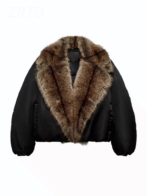 Women Faux Fur Patchwork Cropped Jacket Loose Fit Winter Warm Coat Streetwear