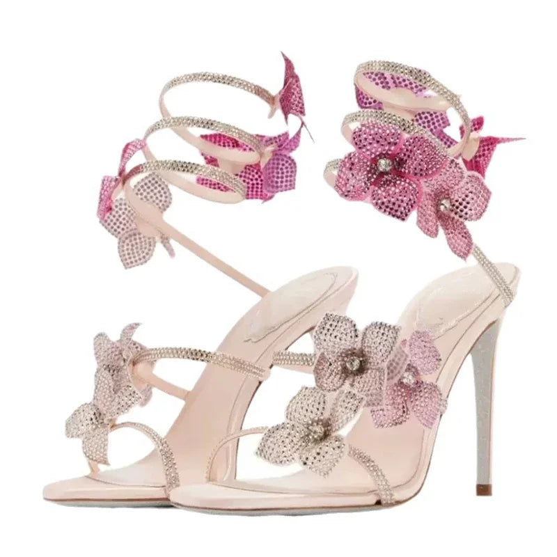 Women Crystal Flower High Heel Sandals Ankle Strap Thin Party Shoes