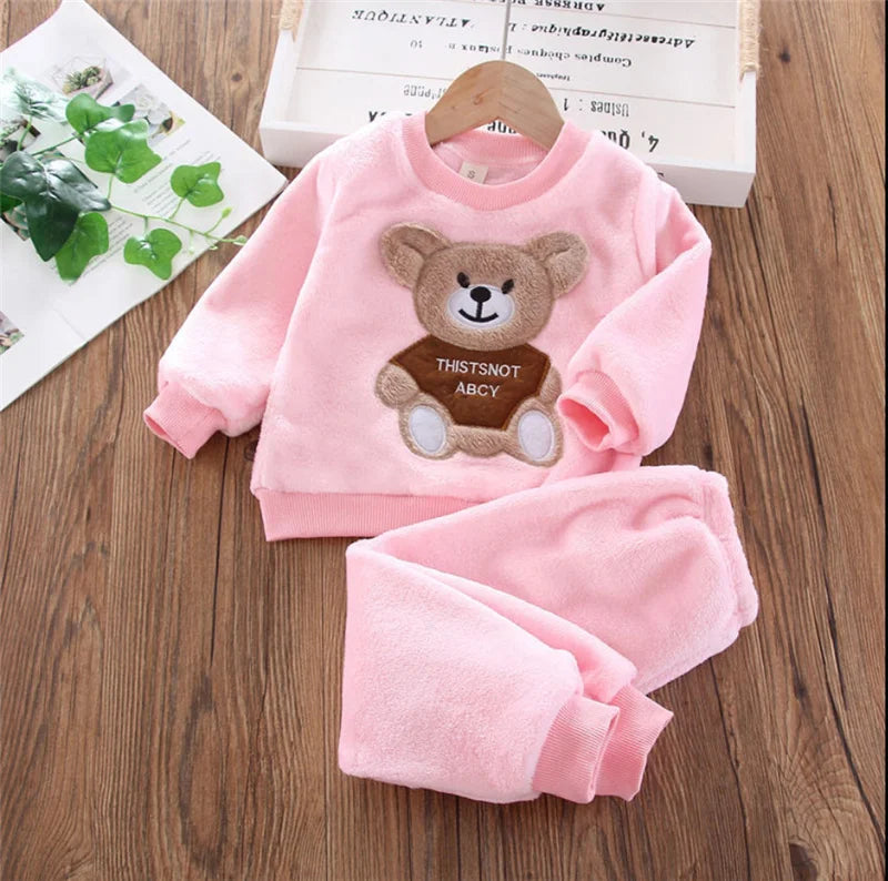 Baby Boys Girls Plus Velvet Fleece Pajama Set Winter Warm 3 Piece Sleepwear