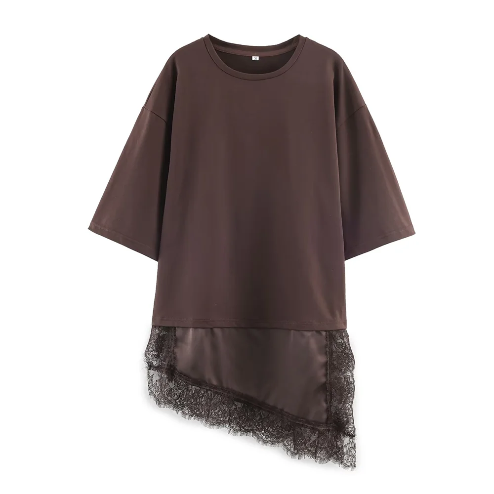 Women Asymmetric Lace T Shirt Slim Fit Round Neck Short Sleeve Fashion Top