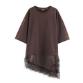 Women Asymmetric Lace T Shirt Slim Fit Round Neck Short Sleeve Fashion Top
