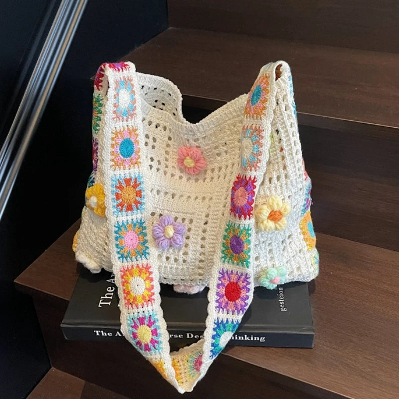 Women Boho Crochet Bag Knitted Floral Shoulder Tote Large Capacity Beach Woven Handbag