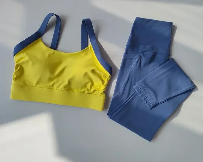 Women’s Color Block Cross Back Sports Bra and High Waist Yoga Leggings Set