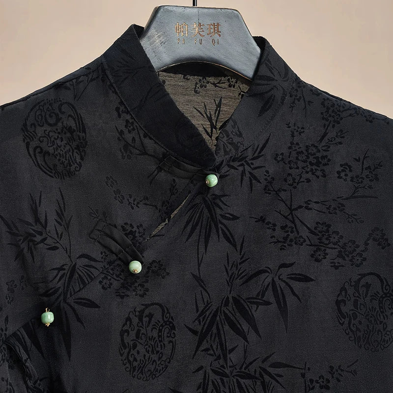 Women Chinese Style Jacquard Cheongsam Top Black Short Sleeve Retro Summer Shirt
