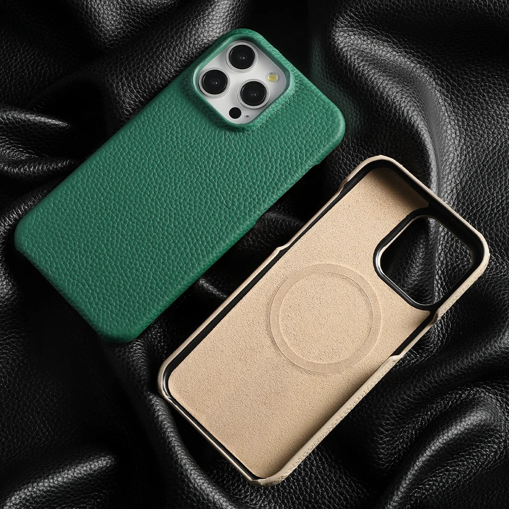 Cowhide Lychee Leather Magnetic iPhone Case