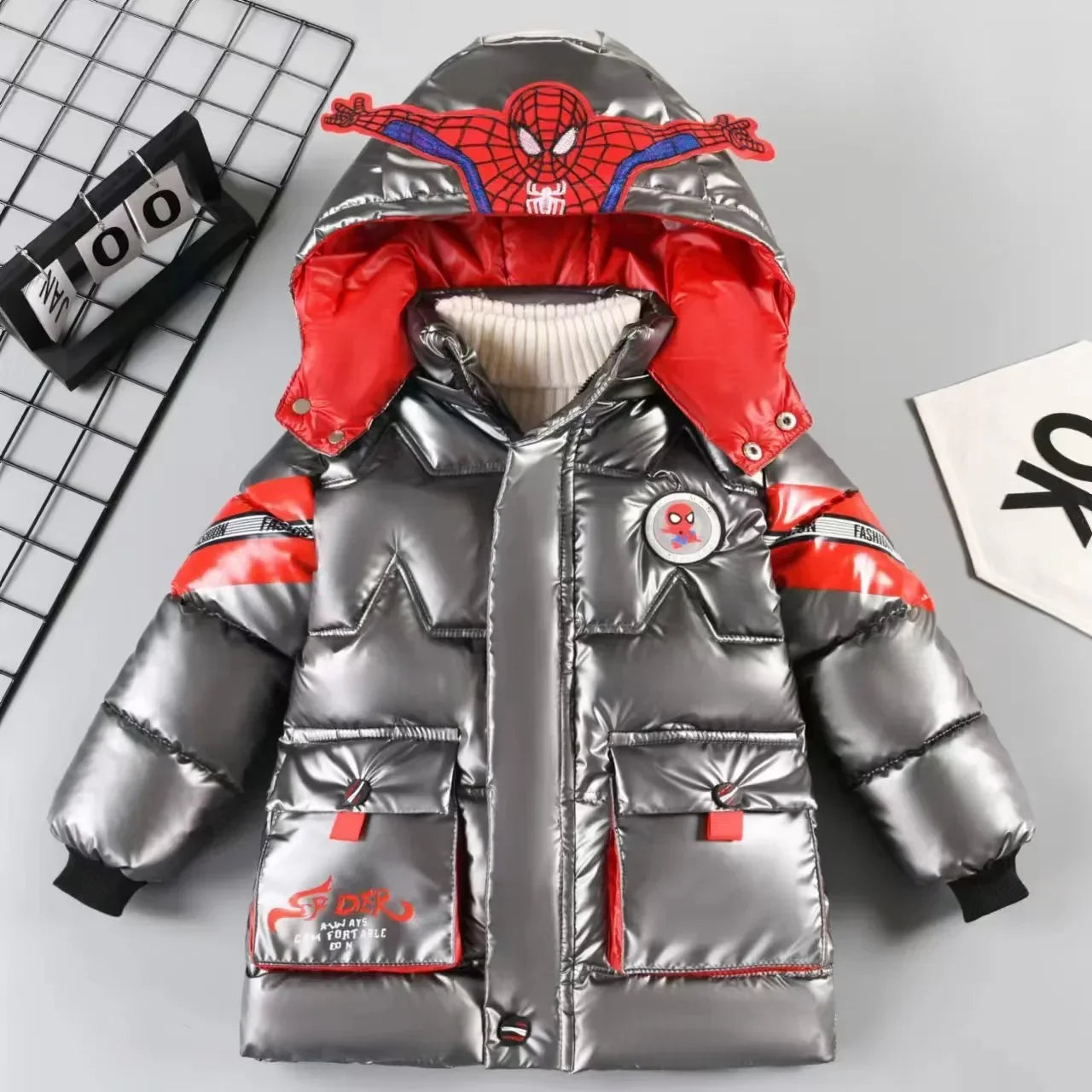 Kids Spider Hero Winter Hooded Puffer Jacket Warm Cotton Parka