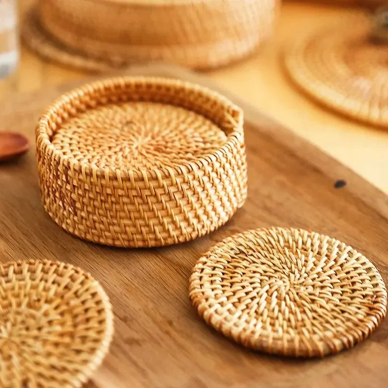 Rattan Drink Coasters 3pcs 6pcs Round Heat Resistant Cup Mat 8cm