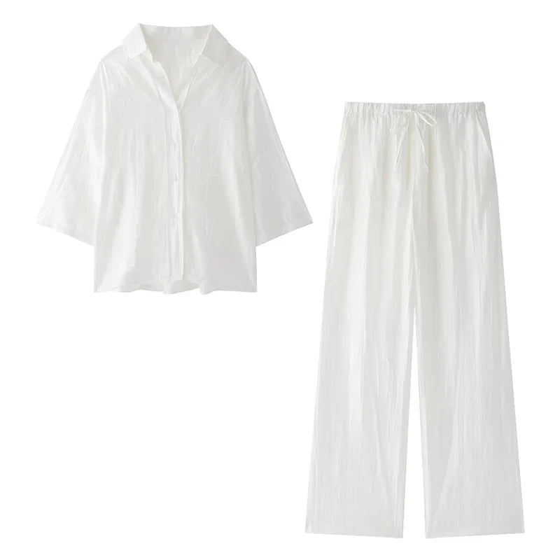 Women Jacquard Two Piece Set Loose Shirt and Casual Pants Chic Summer Outfit