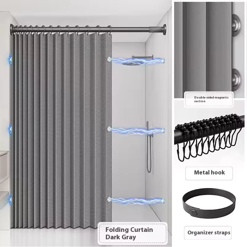 Magnetic Foldable Shower Curtain Linen Waterproof Walk In Bath Curtain
