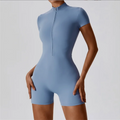 Women Seamless One Piece Gym Jumpsuit Short Sleeve Zip Fitness Bodysuit