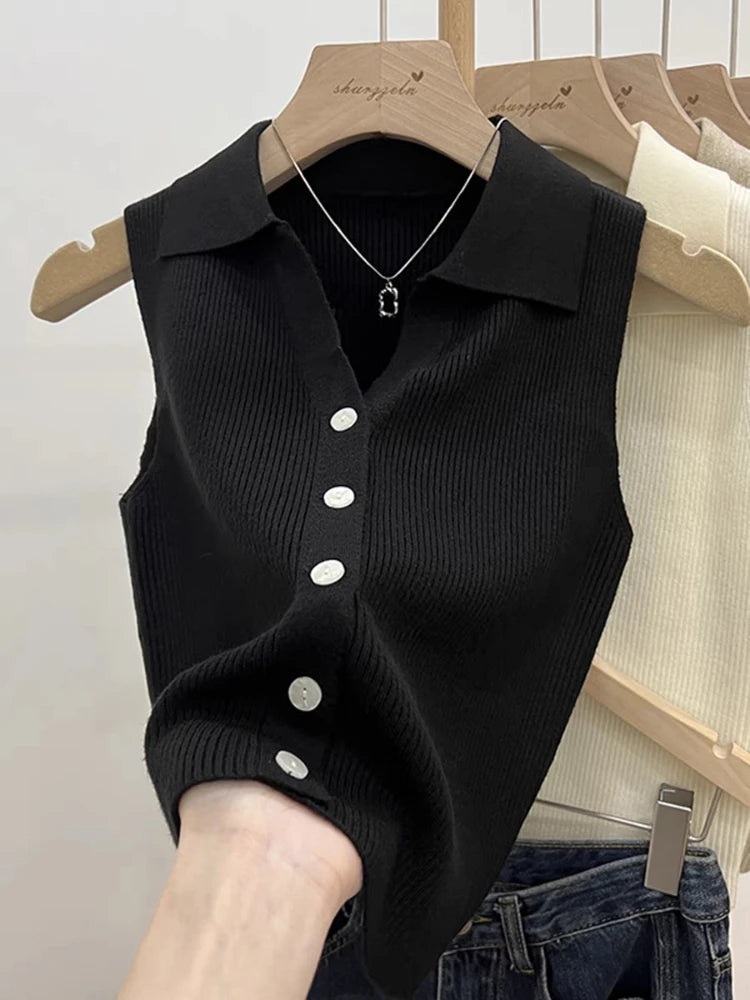 Women Sleeveless Knitted Cardigan Solid Color Vest Sweater