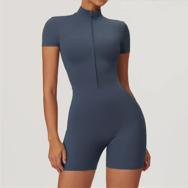 Women Seamless One Piece Gym Jumpsuit Short Sleeve Zip Fitness Bodysuit
