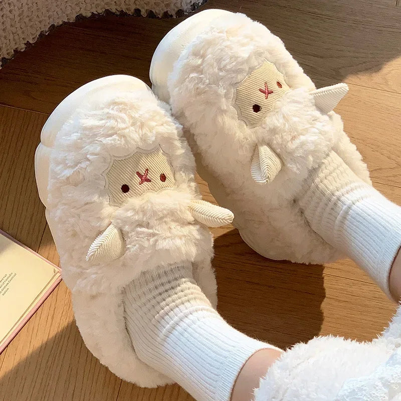 Winter Cartoon Plush Slippers Faux Fur Sheep Design Warm Indoor Couple Home Shoes