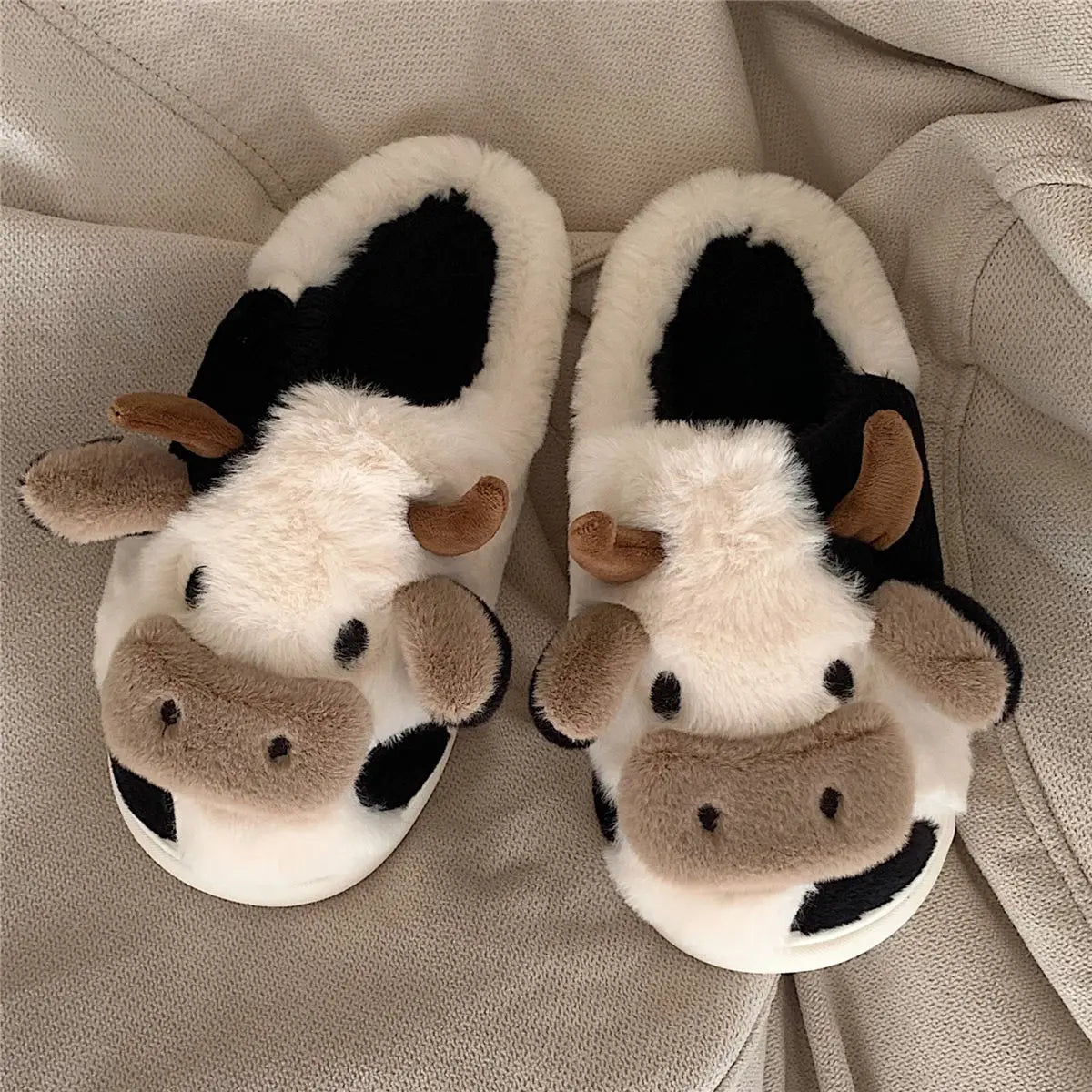 Cute Cow Slippers Plush Indoor Warm Cartoon Animal Home Shoes for Couples