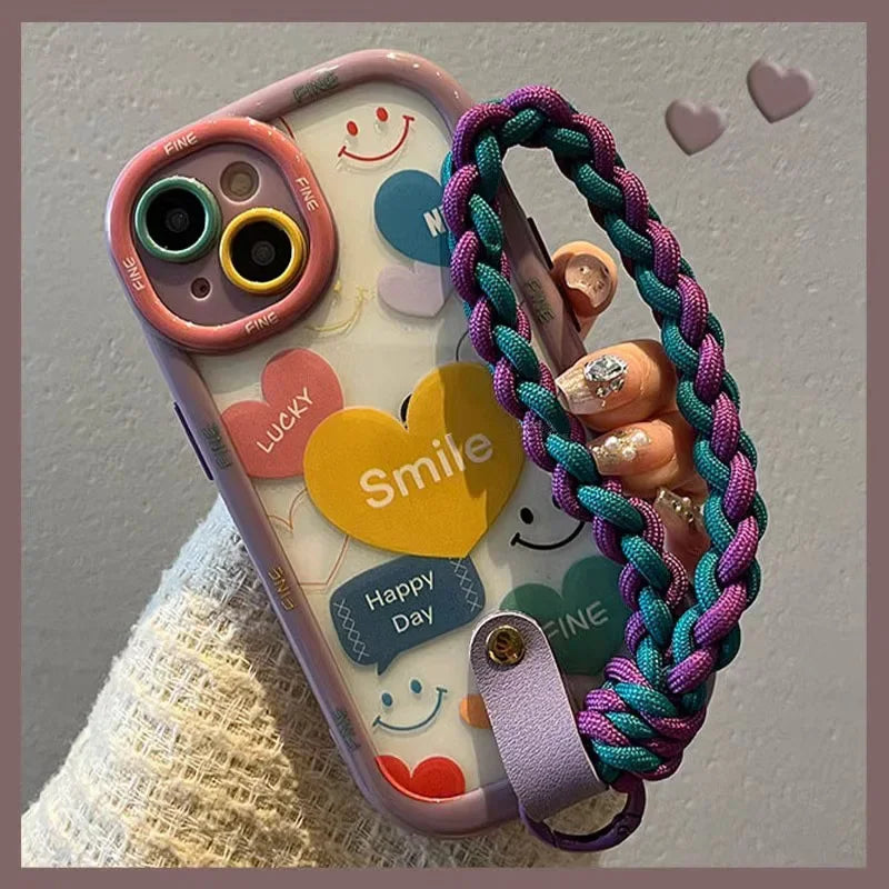 Cute Heart Wrist Chain Phone Case for iPhone with Lanyard Strap Protective Cover