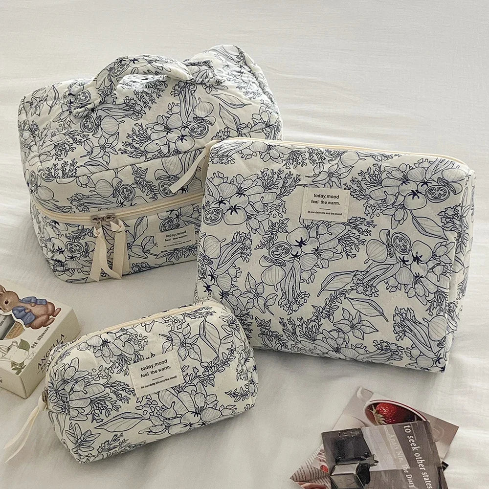 Pink Strawberry Quilted Cosmetic Travel Makeup Storage Bag