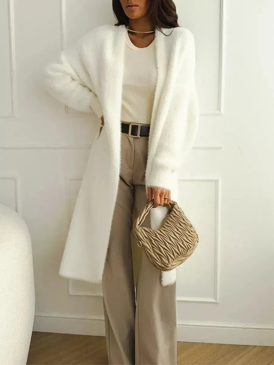 Women White Long Knit Cardigan Fluffy Cashmere Style Winter Sweater Coat