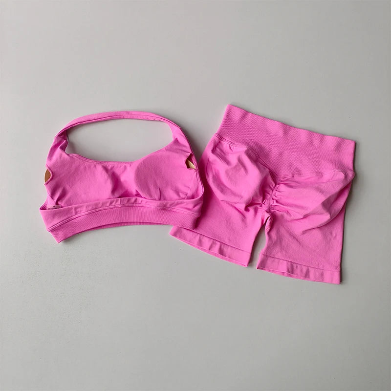 Women Gym Set Sports Bra Shorts Seamless Workout Outfit Yoga Fitness Set