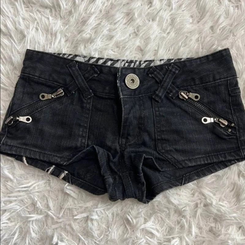 Women Y2K Black Graphic Denim Shorts Slim Fit Hip Hop Streetwear Gothic Mini Shorts