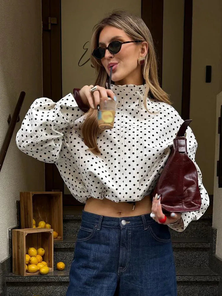 Women Polka Dot Jacket Turtleneck Long Sleeve Casual Coat with Zipper and Pockets