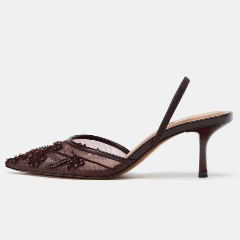 Women Mesh Pointed Toe High Heels Elegant Beaded Pumps Summer Sandals