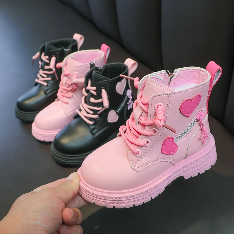 Girls Pink Love Side Zip Winter Boots Soft Sole PU Princess Shoes