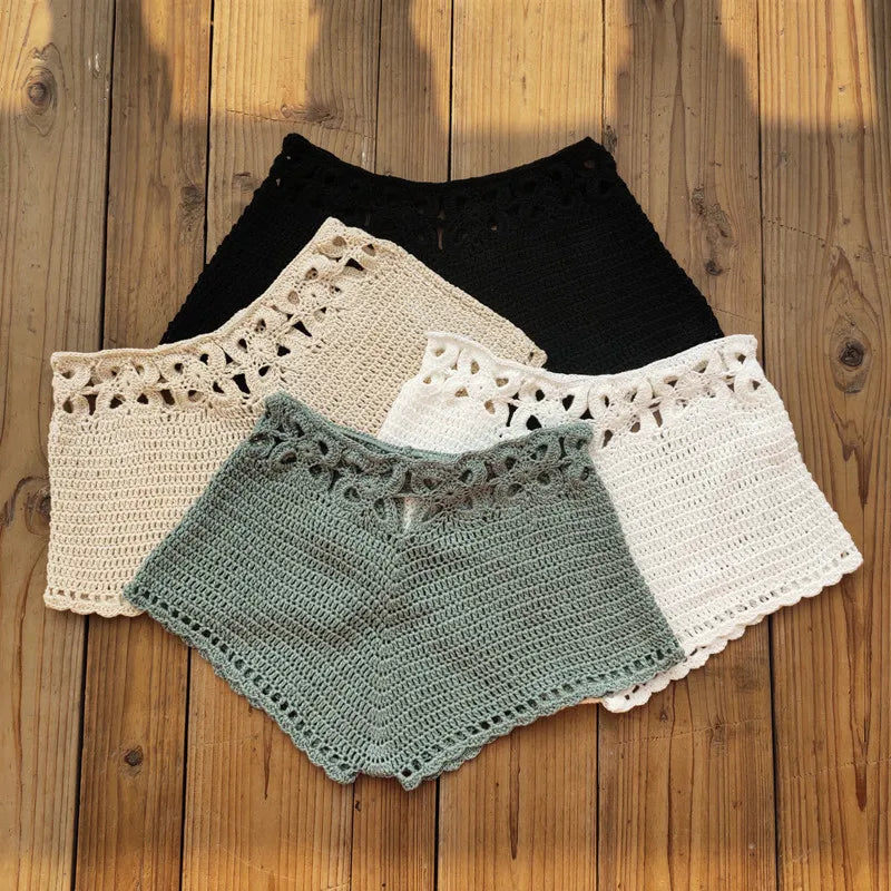 Women Crochet Swim Shorts Cutout Beach Drawstring Board Shorts Bikini Bottoms