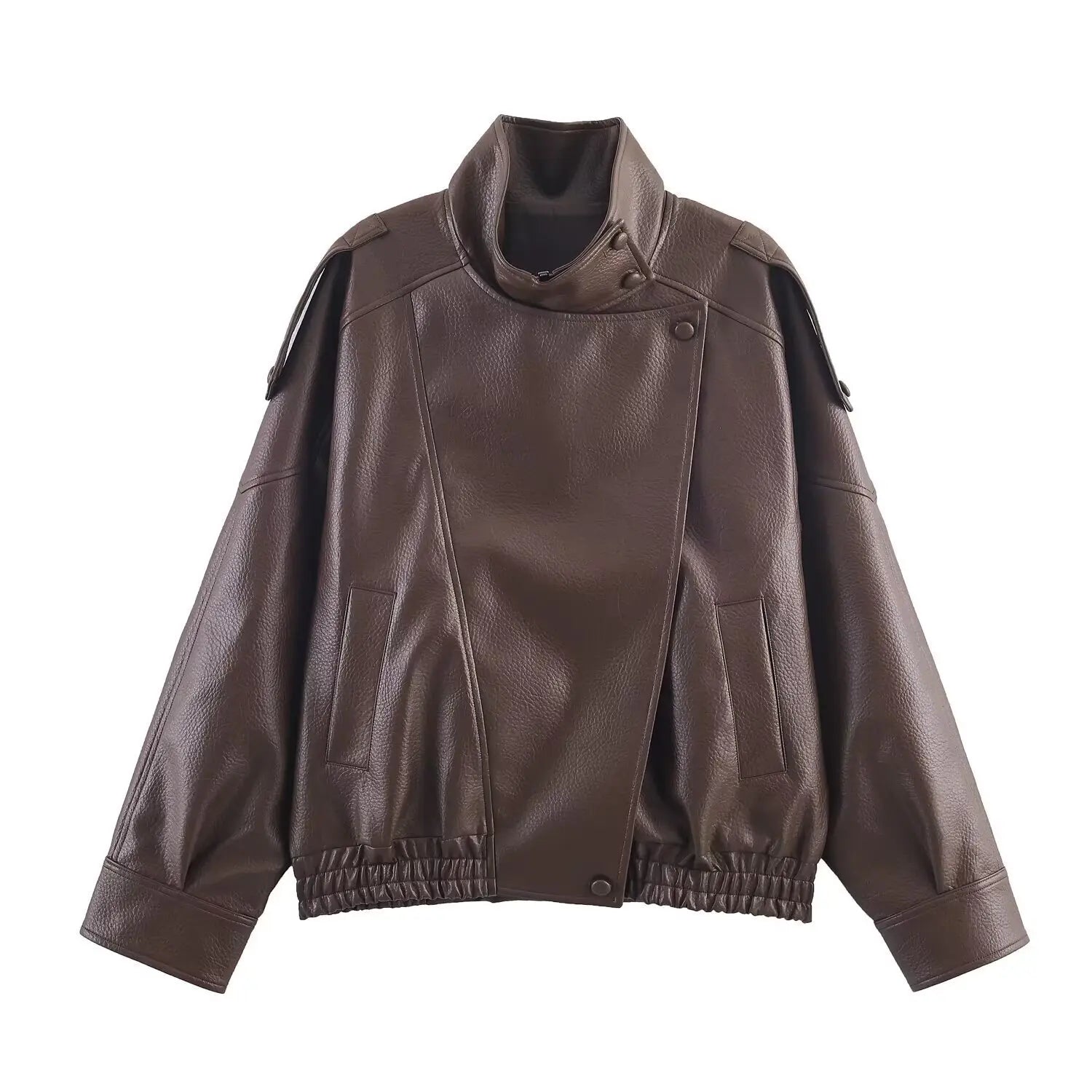 Women Black Faux Leather Jacket Oversized Long Sleeve Button Up Streetwear Coat