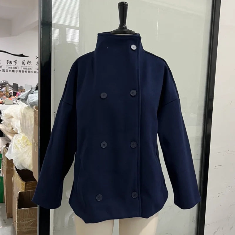 Women Stand Collar Wool Blend Jacket Loose Zip Up Coat