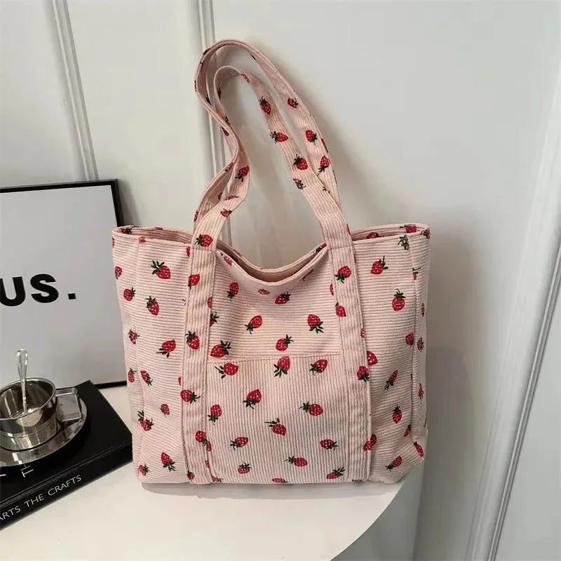 Women Corduroy Shoulder Tote Bag Strawberry Print Large Capacity Commuter Handbag