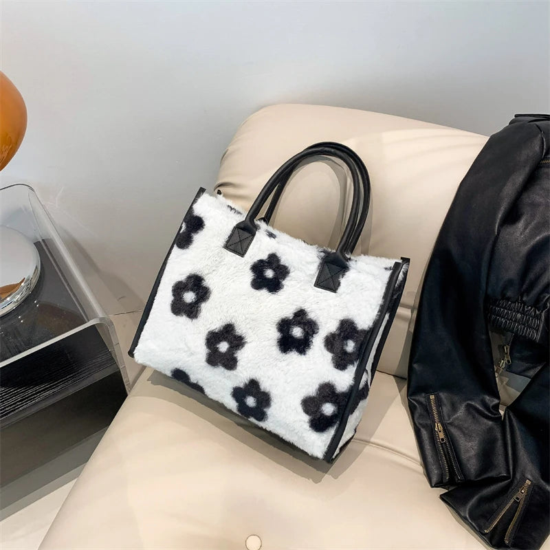 Leopard Faux Fur Tote Bag Soft Plush Shoulder Handbag