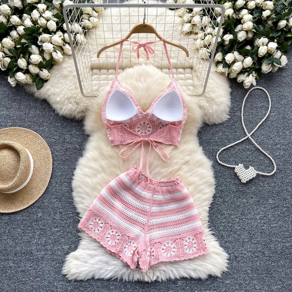 Women’s Crochet Halter Top and Shorts Set Beach Vacation Outfit