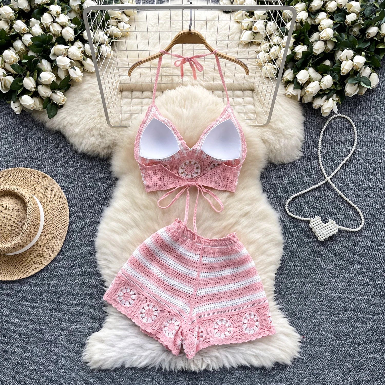Women’s Crochet Halter Top and Shorts Set Beach Vacation Outfit