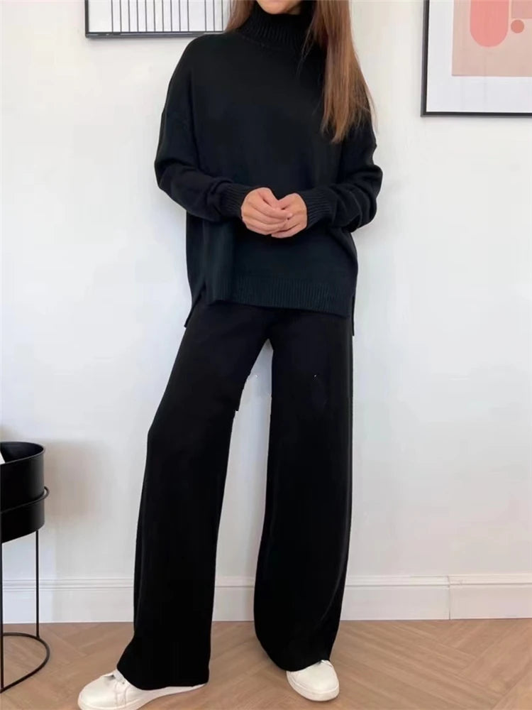Women Knitted Two Piece Set Turtleneck Sweater and Straight Jogger Pants Winter Tracksuit