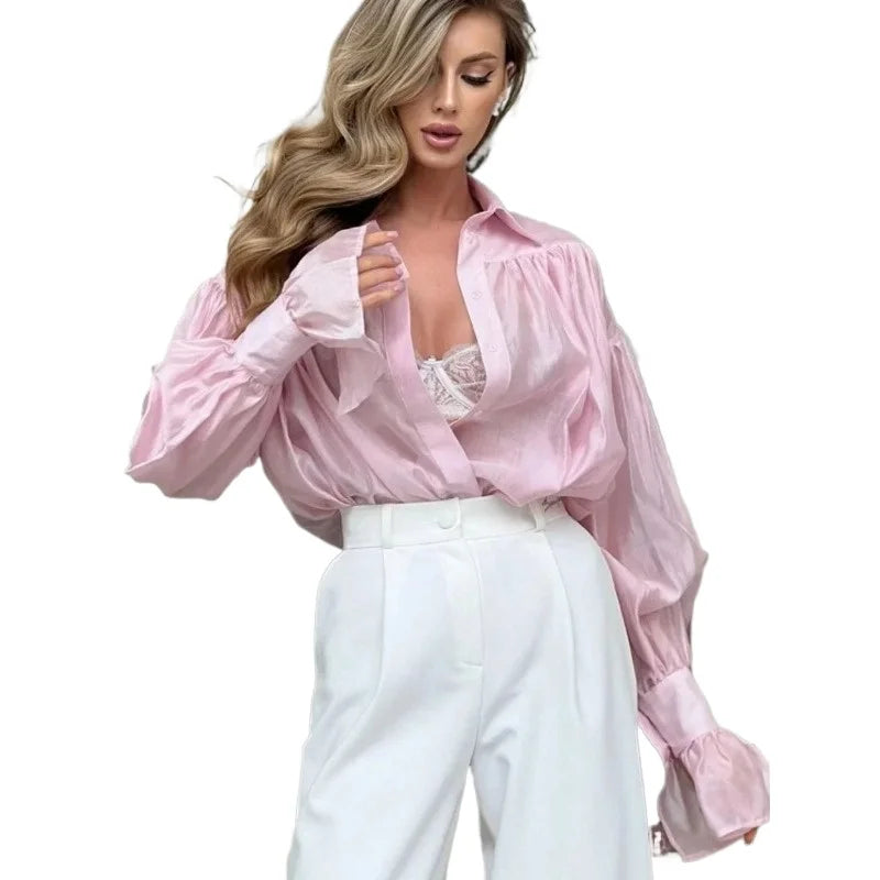 Women Loose Fit Collared Shirt Flare Sleeve Long Sleeve Office Casual Top Solid Color