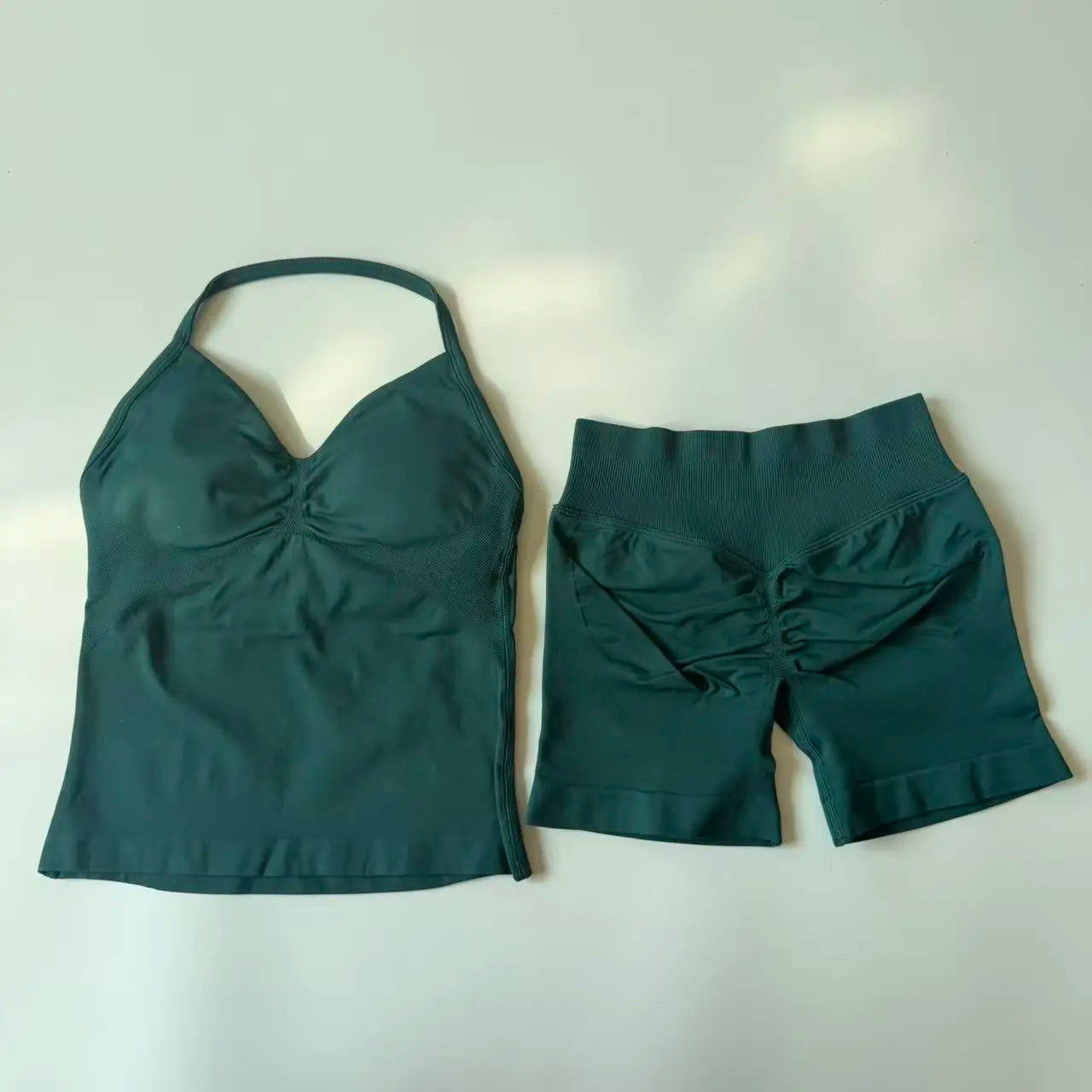 Seamless Yoga Set Women Strappy Tank Top Scrunch Shorts Gym Workout Outfit
