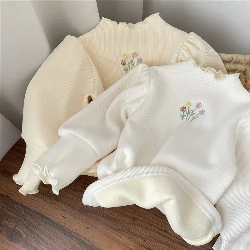 Baby Girls Winter Sweater Puff Sleeve Flower Embroidery Top 1–6 Years