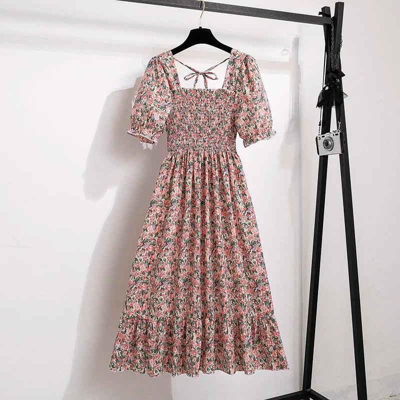 Women’s Chiffon A-Line Dress Short Sleeve Pleated Elastic Waist Casual Summer Dress