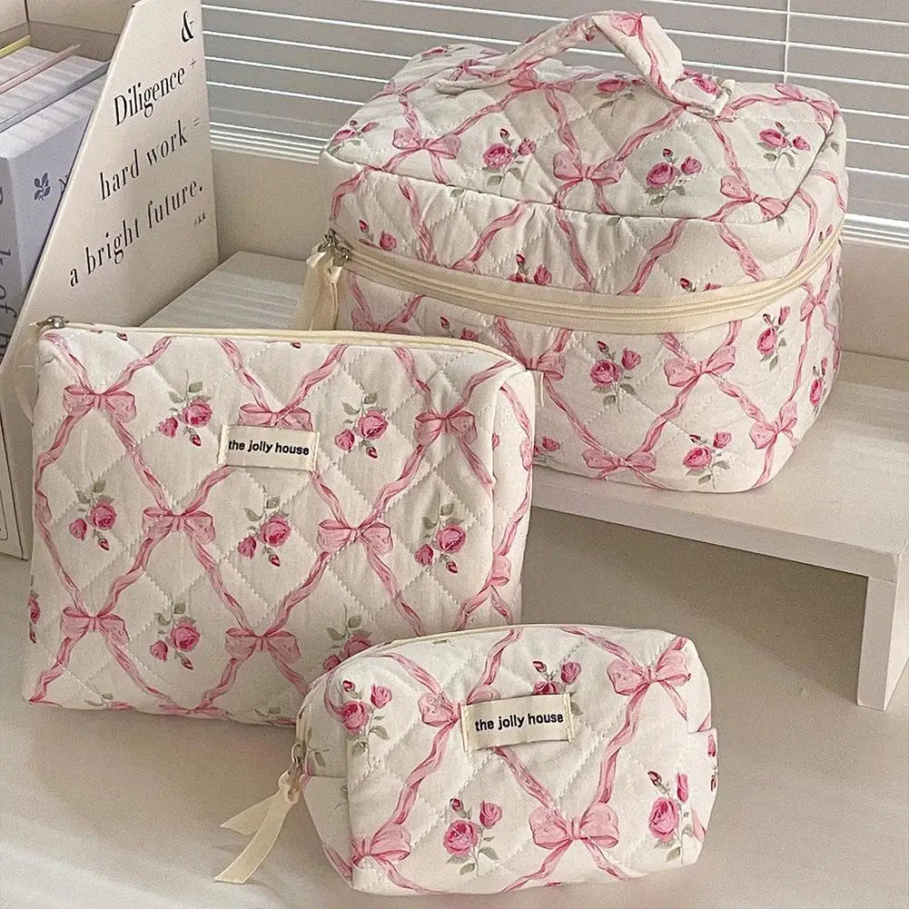 Women Quilted Makeup Bag Cute Bow Flower Zipper Cosmetic Organizer Toiletry Case