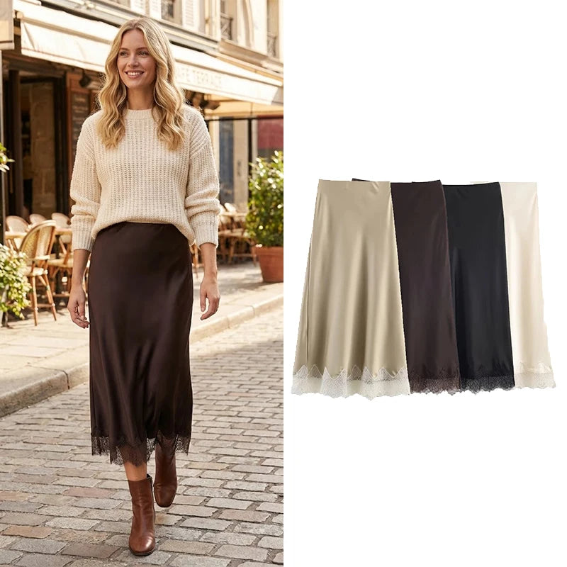 Women Lace Detail Pleated A Line Midi Skirt High Waist Elegant Skirt
